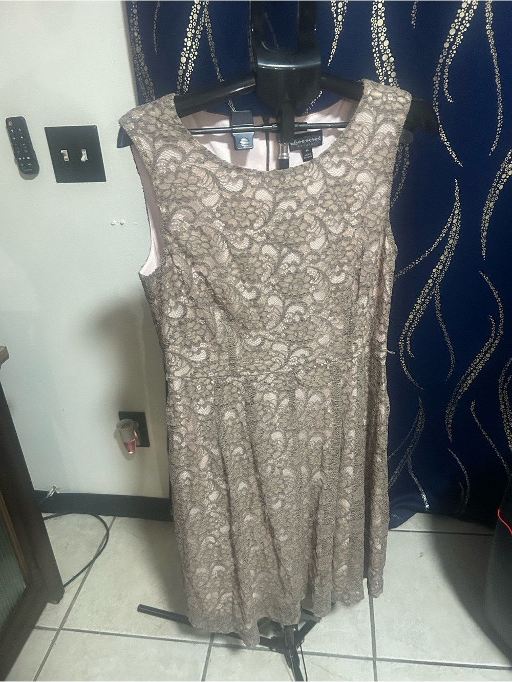 Connected Apparel Size 14 Taupe Lace Fit & Flare Dress w/ Belt